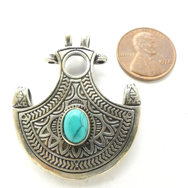 Moroccan Cast Pendant, Silver with Turquoise, 35x40mm