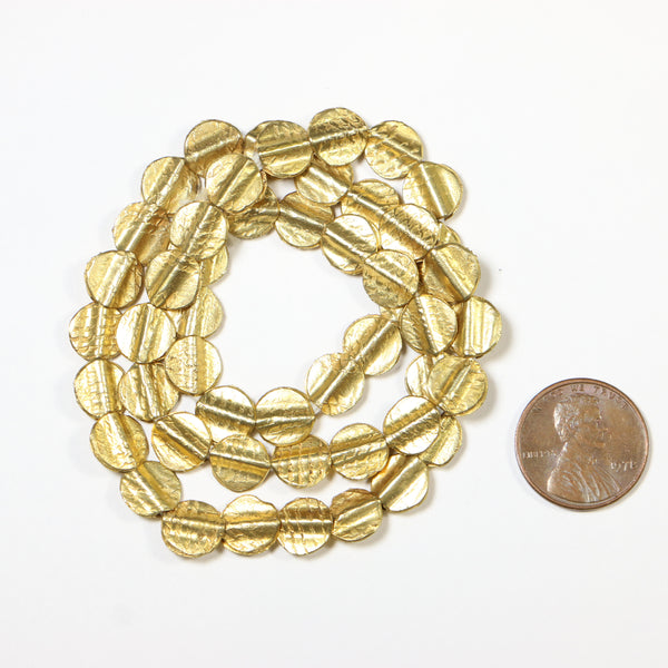 Brass, Gold Plated, Flat Discs with Light Texturing, 8mm Diameter on 16-inch Strand