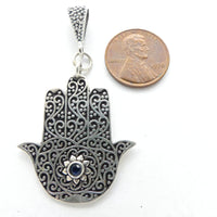 Moroccan Silver Pendant with Floral Designs and Small Stone, 50mm Long