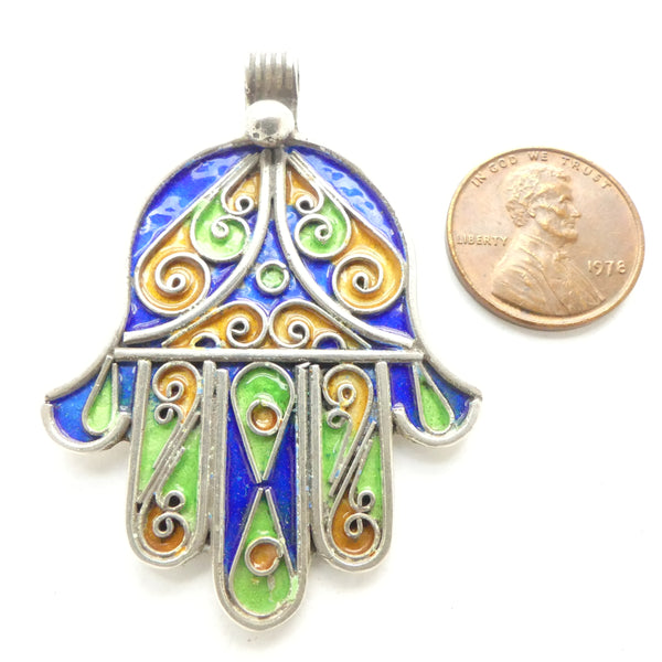 Moroccan Silver Enameled Hand Pendant, 53mm Long