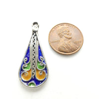 Moroccan Silver Enameled Drop Pendant, 35mm long, 15mm Wide at Base