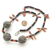Moroccan Berber Vintage Necklace of Silver Beads, Coral and Glass, 21 Inches Long