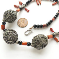 Moroccan Berber Vintage Necklace of Silver Beads, Coral and Glass, 21 Inches Long
