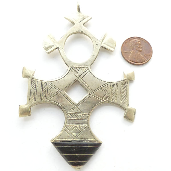 Moroccan Silver Tuareg Barchekeia Style Cross, 4 Inches Long with Ebony