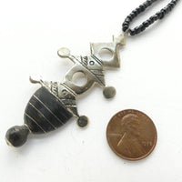 Moroccan Silver Tuareg Iferouane Style Crosses, 60-70mm Long Strung with Black Beads