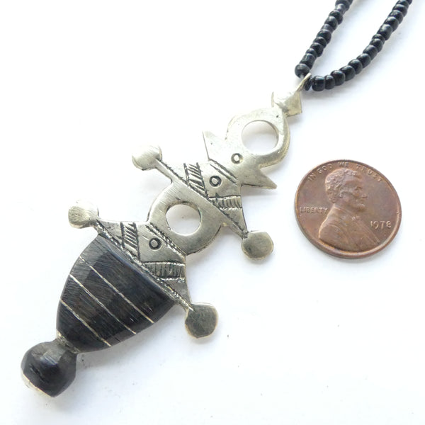 Moroccan Silver Tuareg Iferouane Style Crosses, 60-70mm Long Strung with Black Beads