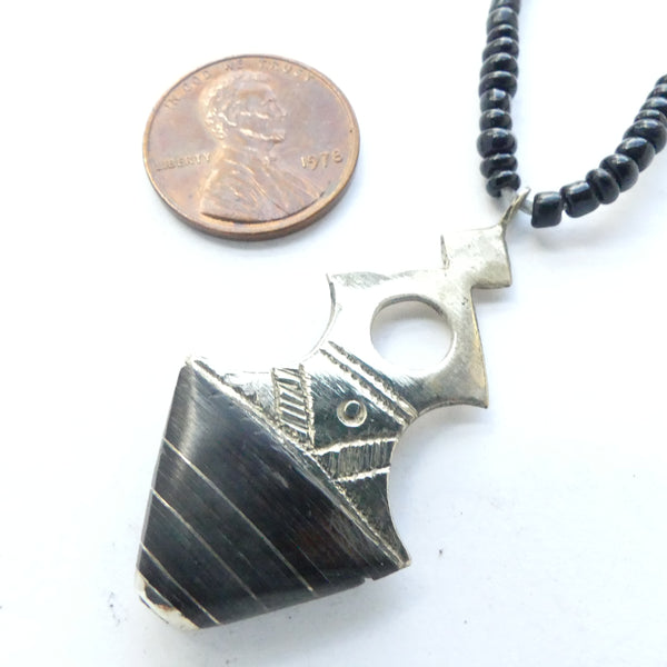 Moroccan Silver Tuareg Iferouane Style Pendant with Ebony, 46mm Strung with Beads