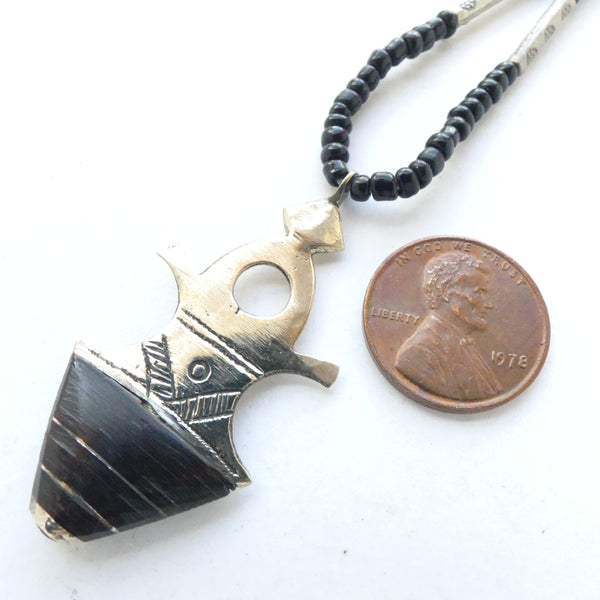 Moroccan Silver Tuareg Iferouane Style Pendant with Ebony, 46mm Long on Beaded Cord