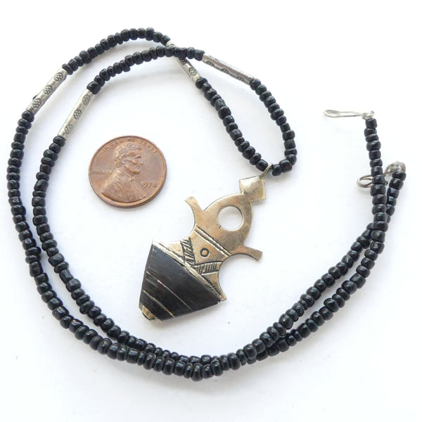 Moroccan Silver Tuareg Iferouane Style Pendant with Ebony, 46mm Long on Beaded Cord