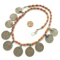Moroccan Berber Necklace of Coral and Coin Pendants, 22 Inches Long