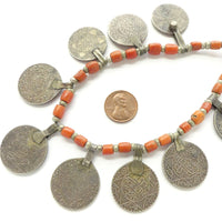 Moroccan Berber Necklace of Coral and Coin Pendants, 22 Inches Long