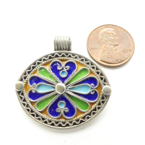 Moroccan Silver Enameled Oval Pendant, 35mm Long including Loop by 34mm Wide