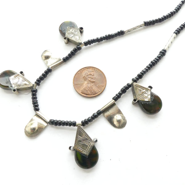 Moroccan Silver, Agate & Glass Necklace, 18 inches Long