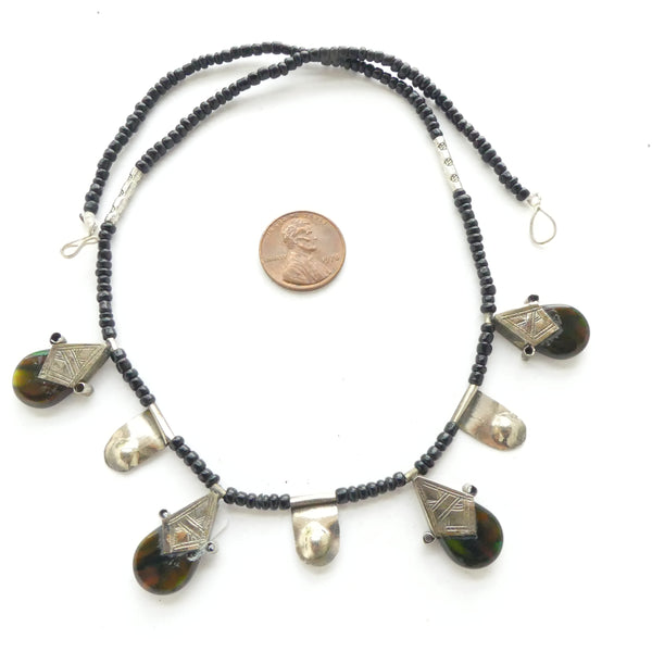 Moroccan Silver, Agate & Glass Necklace, 18 inches Long