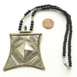Moroccan Silver Tuareg Tcharot Pendant, 2.5x2 inches Strung with Black Beads