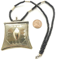 Moroccan Silver Tuareg Tcharot Pendant 2.5x2 Inches Strung with Black and Silver Beads