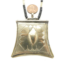 Moroccan Silver Tuareg Tcharot Pendant 2.5x2 Inches Strung with Black and Silver Beads