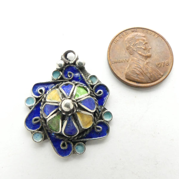 Moroccan Silver Enameled Domed Pendant, 28x24mm