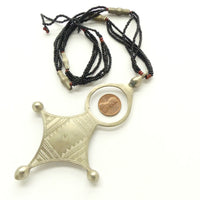 Moroccan Silver Tuareg Agadez Pendant, Large 5 Inches Long on Beaded Cord