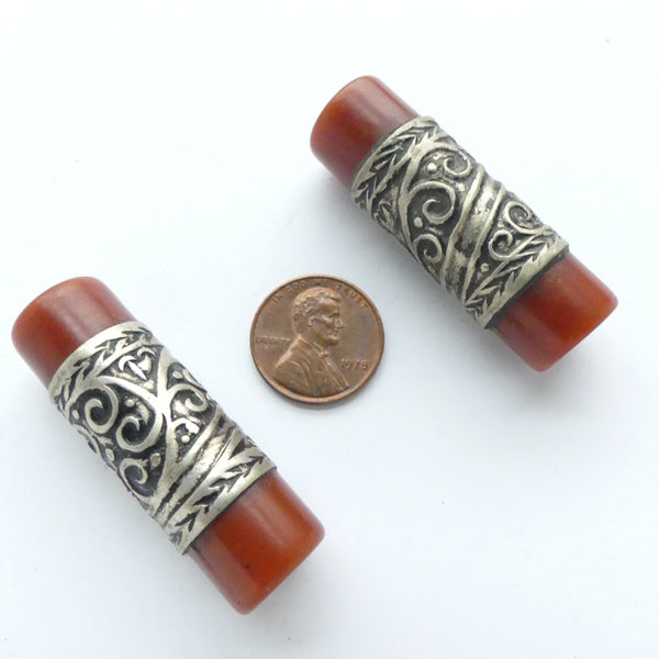 Morrocan Cylinder Beads Resin/Silver, Dark Red,  47x15mm, Sold Individually