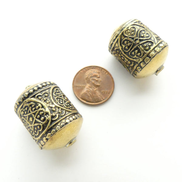 Moroccan Brass Barrel Beads with Stamped Designs, 28x18mm,  Sold Individually