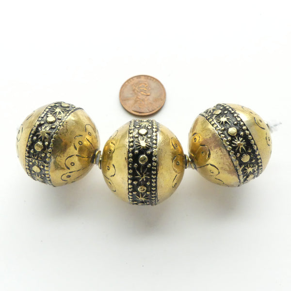 Moroccan Brass Large Round Beads with Stamped Designs, 29mm Diameter, Sold Individually