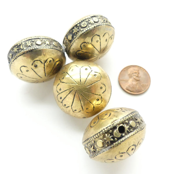 Moroccan Brass Puffy Disc Beads with Stamped Designs, 22x29mm, Sold Individually