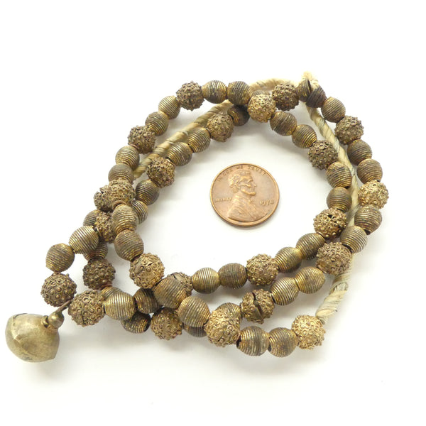 Brass, Yoruba Small Granulated and Beehive Shape Beads with Small Pendant on 20-inch Strand