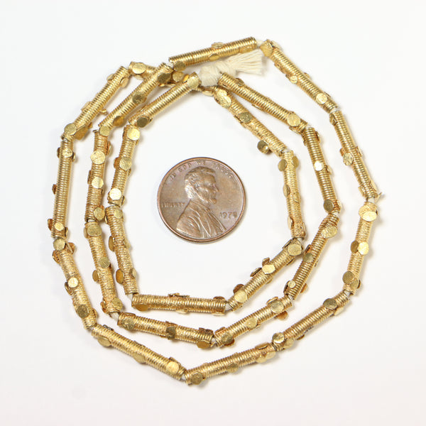Brass, Gold Plated, Coiled Cylinder Beads with Applied Dots, 20-inch Strand