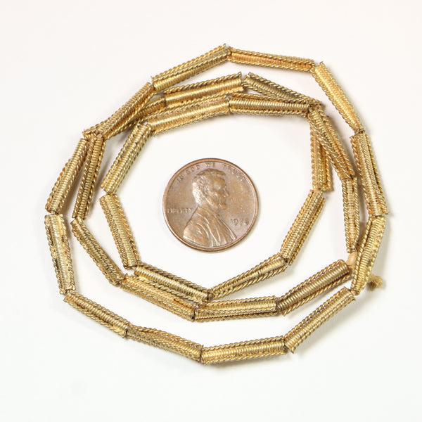 Brass, Gold Washed, Vintage Decorated Cylinder Beads, 15x3mm on 18-inch Strand