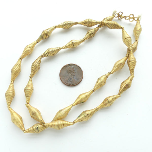 Brass, Lost Wax Cast, Vintage Small Coiled Bicone Beads on 22-inch Strand with Clasp