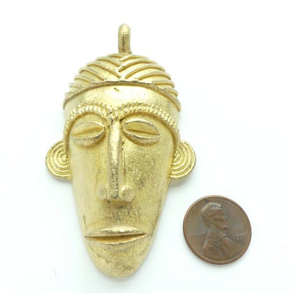 Brass, New Large Shiny Face Pendants from Ghana,  46x80mm