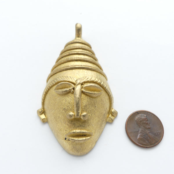 Brass, New Large Shiny Face Pendants from Ghana, 37x75mm