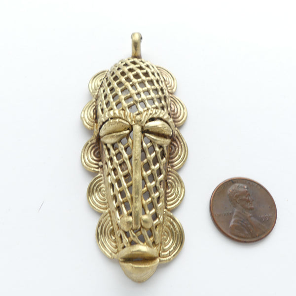 Brass, Bright New Lost Wax Cast Face Pendant, 32x78mm