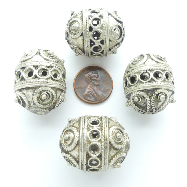 Moroccan Silver, Oval Beads with Openwork, 27x21mm, Sold Individually