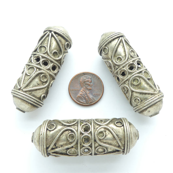 Moroccan Silver Oval Beads With Wirework and Openwork, 48x17mm, Sold Individually