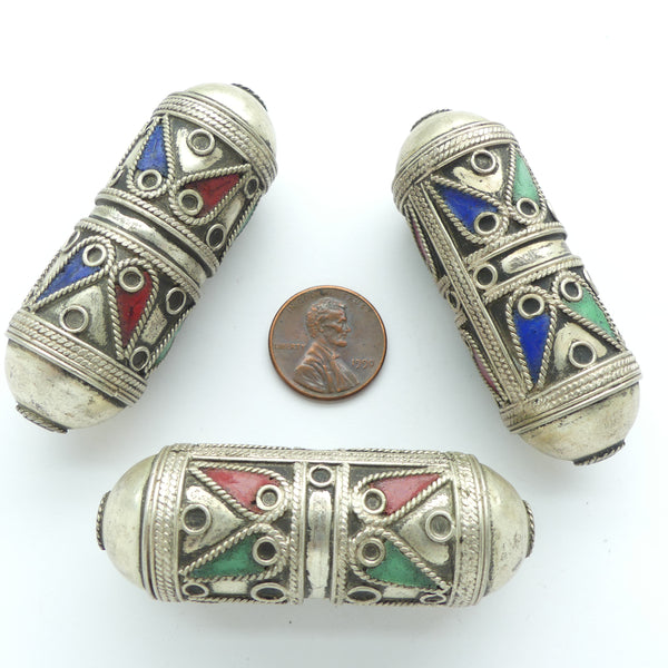 Moroccan Silver Oval Beads with Wirework and Enamel, 60x20mm, Sold Individually