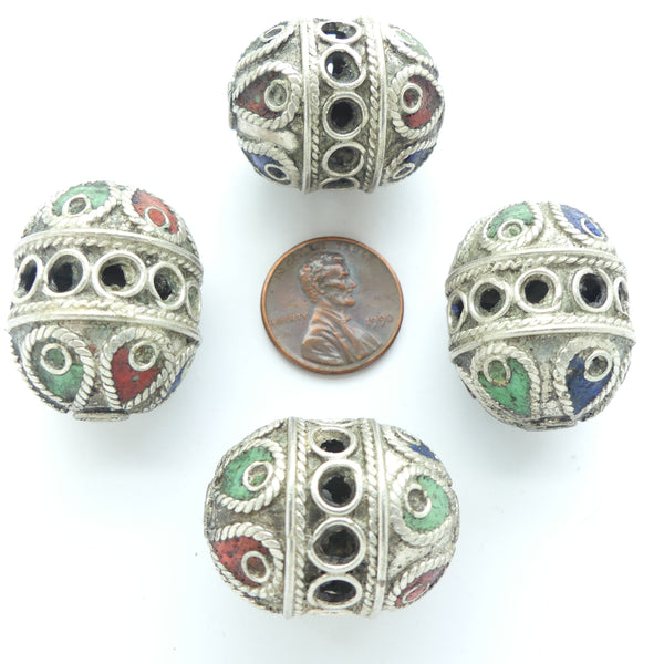 Moroccan Silver, Oval Beads with Enamel Decoration, 27x21mm, Sold Individually