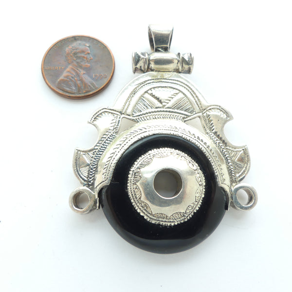 Moroccan Silver, Tuareg Pendant with Black Stone Donut, 55mm Long