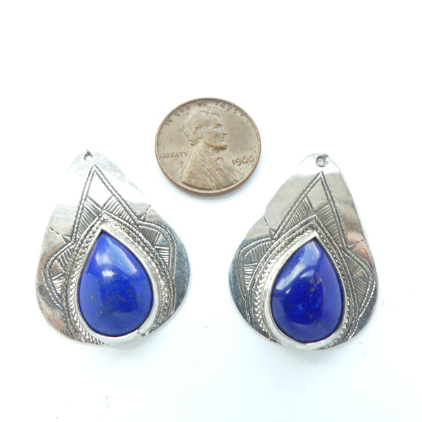 Moroccan Silver Contemporary Tuareg Pendant with Lapis, 34x24mm, Sold Individually