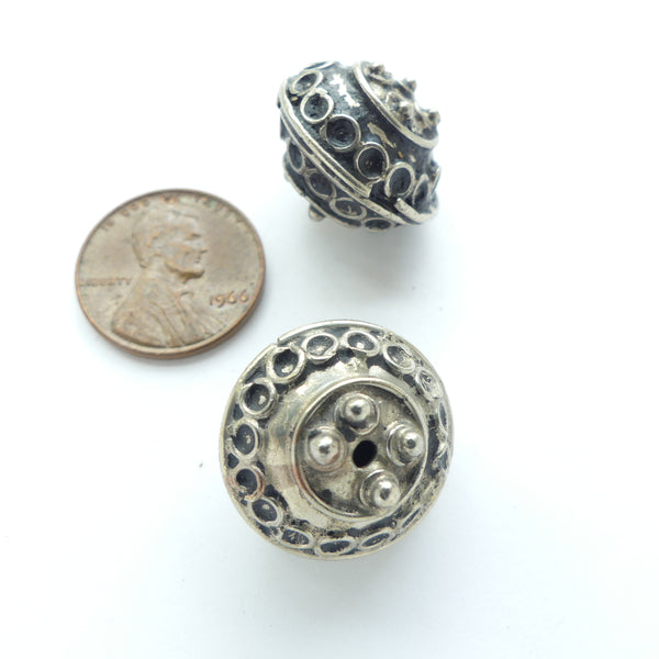 Moroccan Silver Rondelles with Wirework & Granulation, 14x20mm, Sold as a Pair