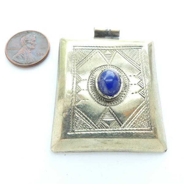 Morocco Silver Rectangular Tuareg Pendant with Lapis Cab. 50mm Long,