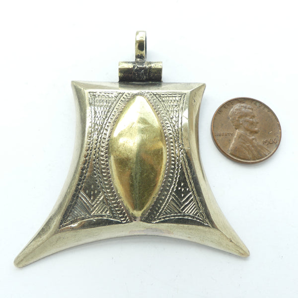 Morocco Silver, Tuareg Rectangular Pendant with Center Brass Oval,  55x45mm