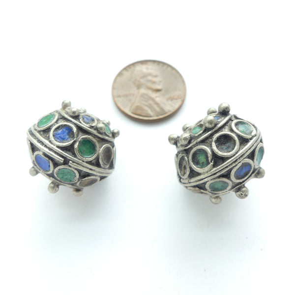 Moroccan Silver with Wirework and Enamel, Vintage, 15x19mm Sold as a Pair