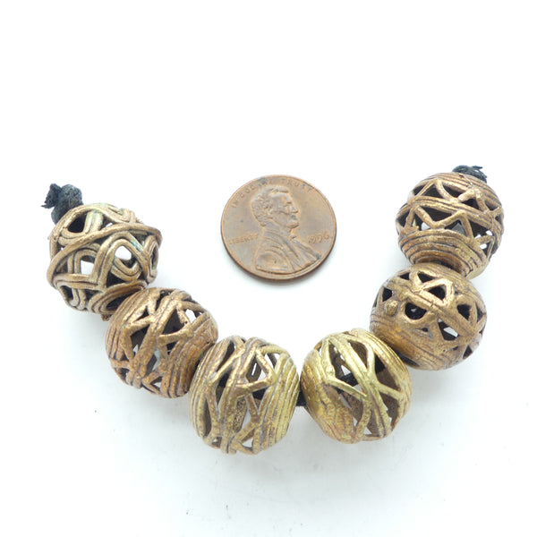Brass, Lost Wax Cast Bead From Ghana, Set of 6 Matching 15mm Round Beads