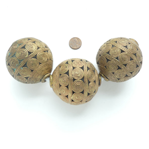 Brass, Extra Large, Vintage, Lost Wax Cast Beads from Ghana with Spiral Designs, 2.5 inches Diamaeter