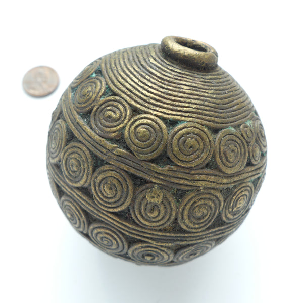 Brass Lost Wax Cast, Vintage Giant Round Bead With Collars, 3.5 inche Diameter