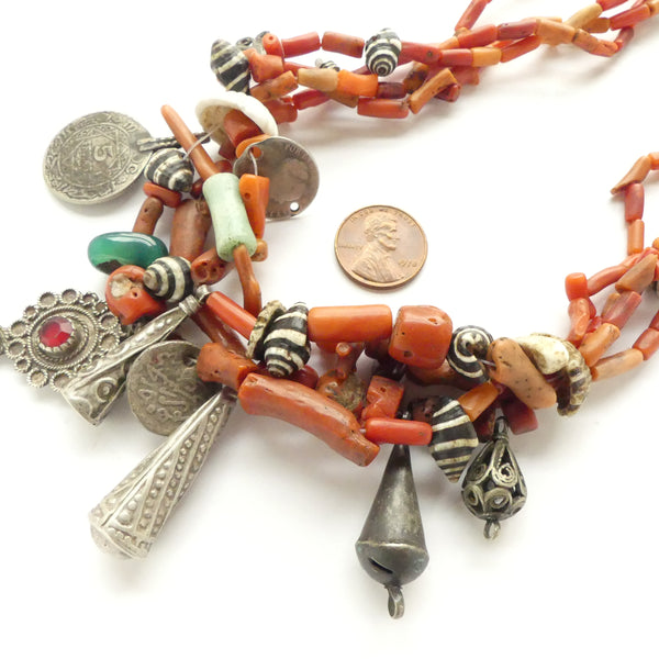 Moroccan Berber Neckace of Antique Coral, Shells & Silver Pendants,