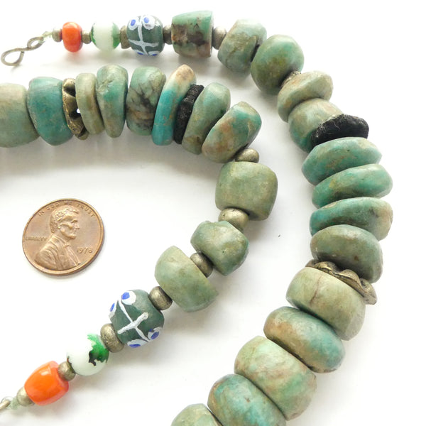 Moroccan Amazonite Beads Necklace, Antique, 21 Inches Long
