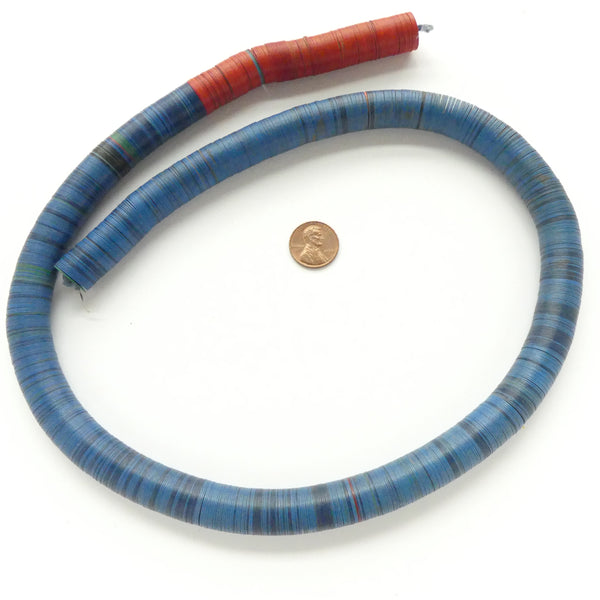 Vinyl Heishi 14mm Diameter, Blue Mixed with Black and a Red Section on 27-inch Strand